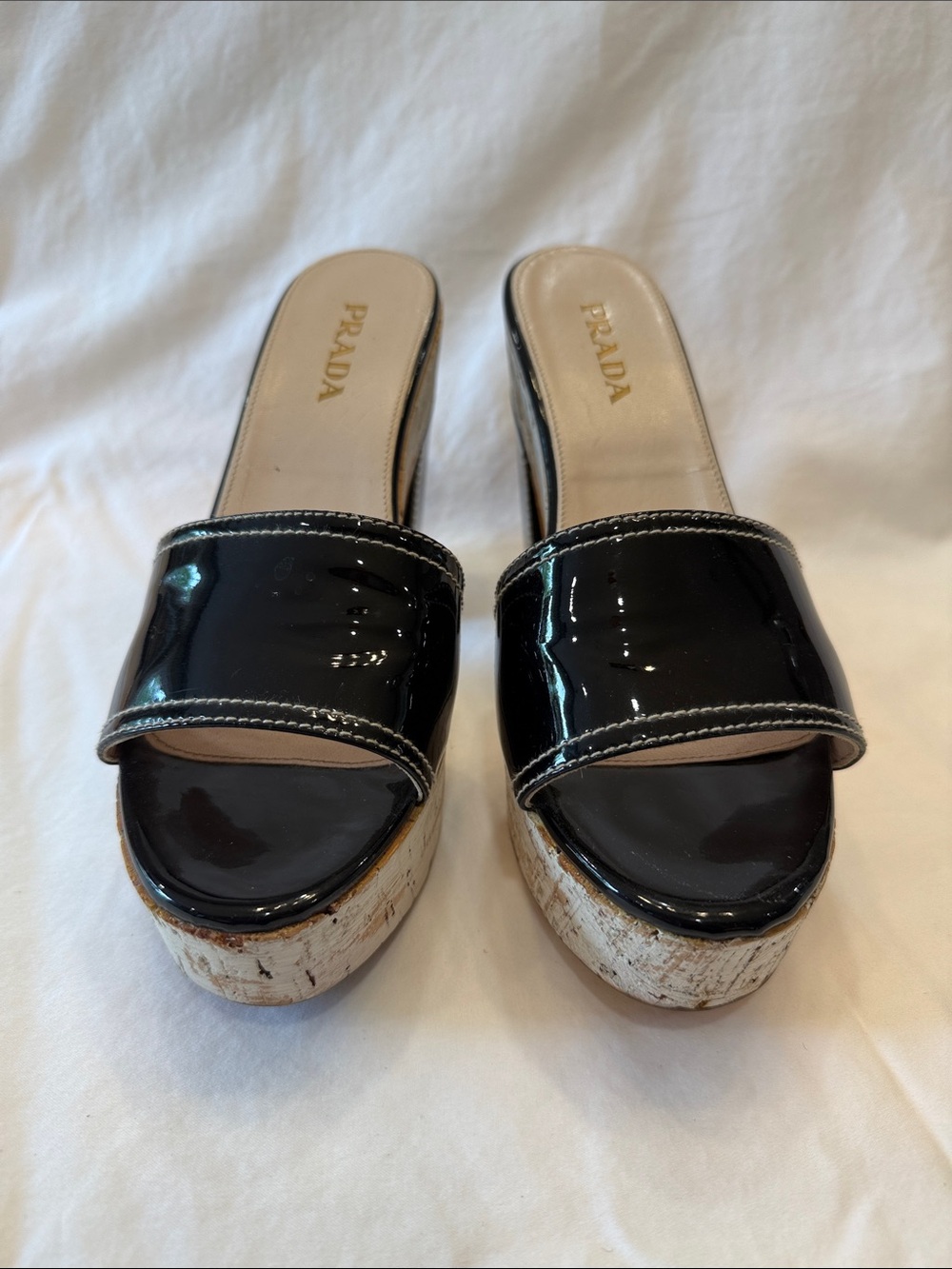 Prada Black Patent Leather Cork Platform Slide Heels - Picture 2 of 10